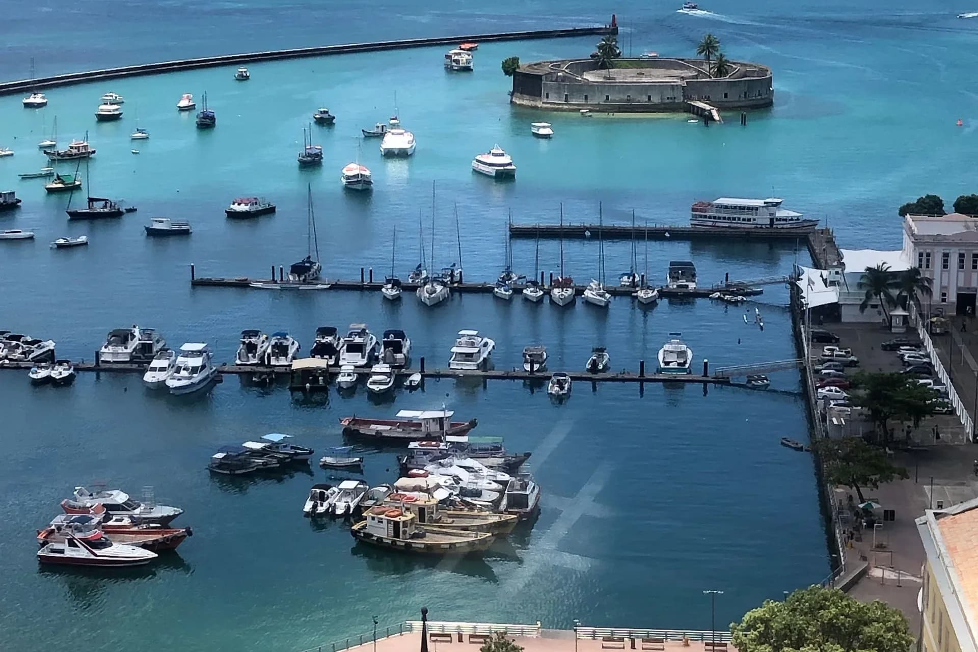 Boats and coastal fort in Salvador bay, Brazil
