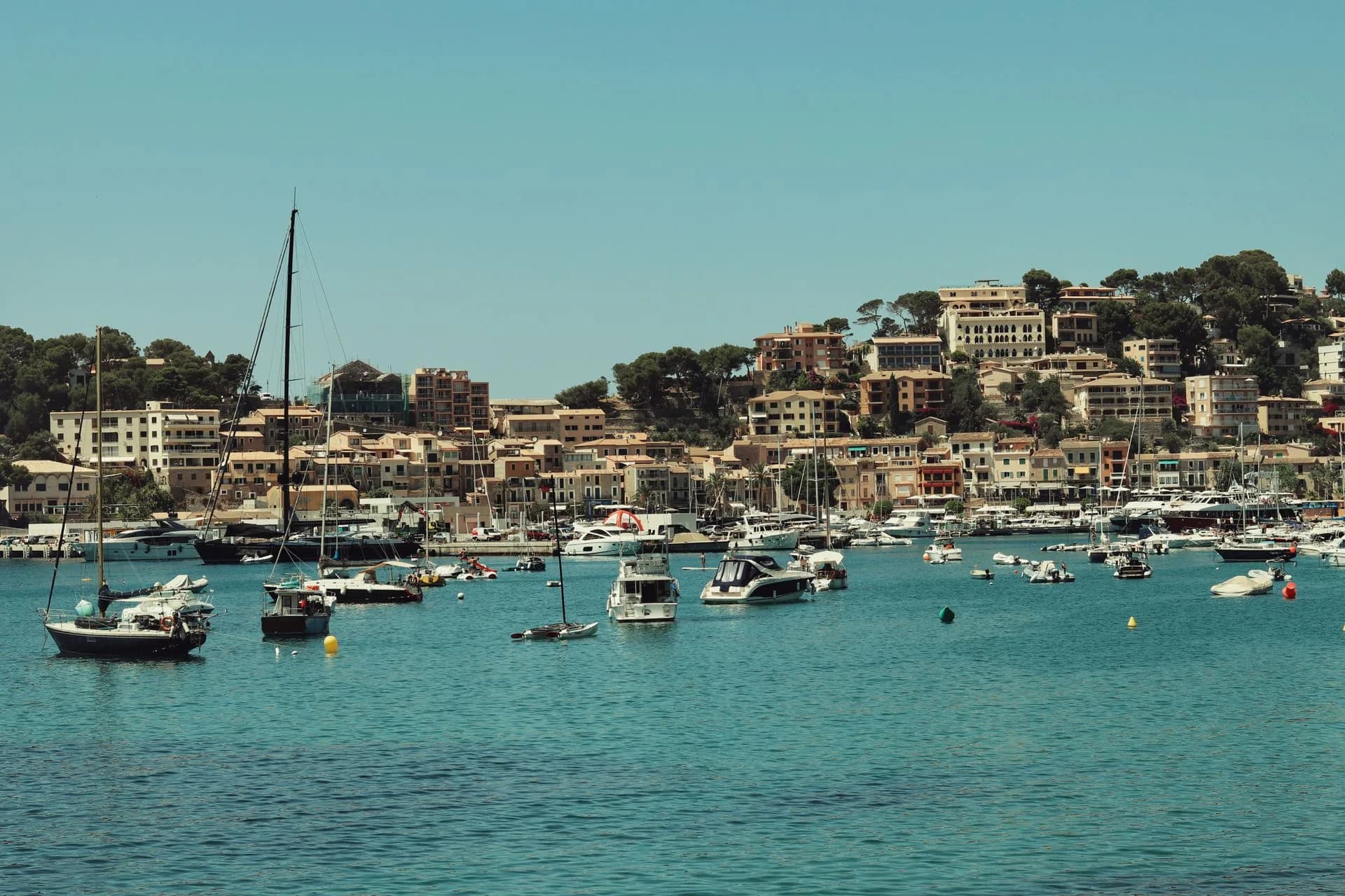 Sailboats at Port de Sóller harbor in Spain