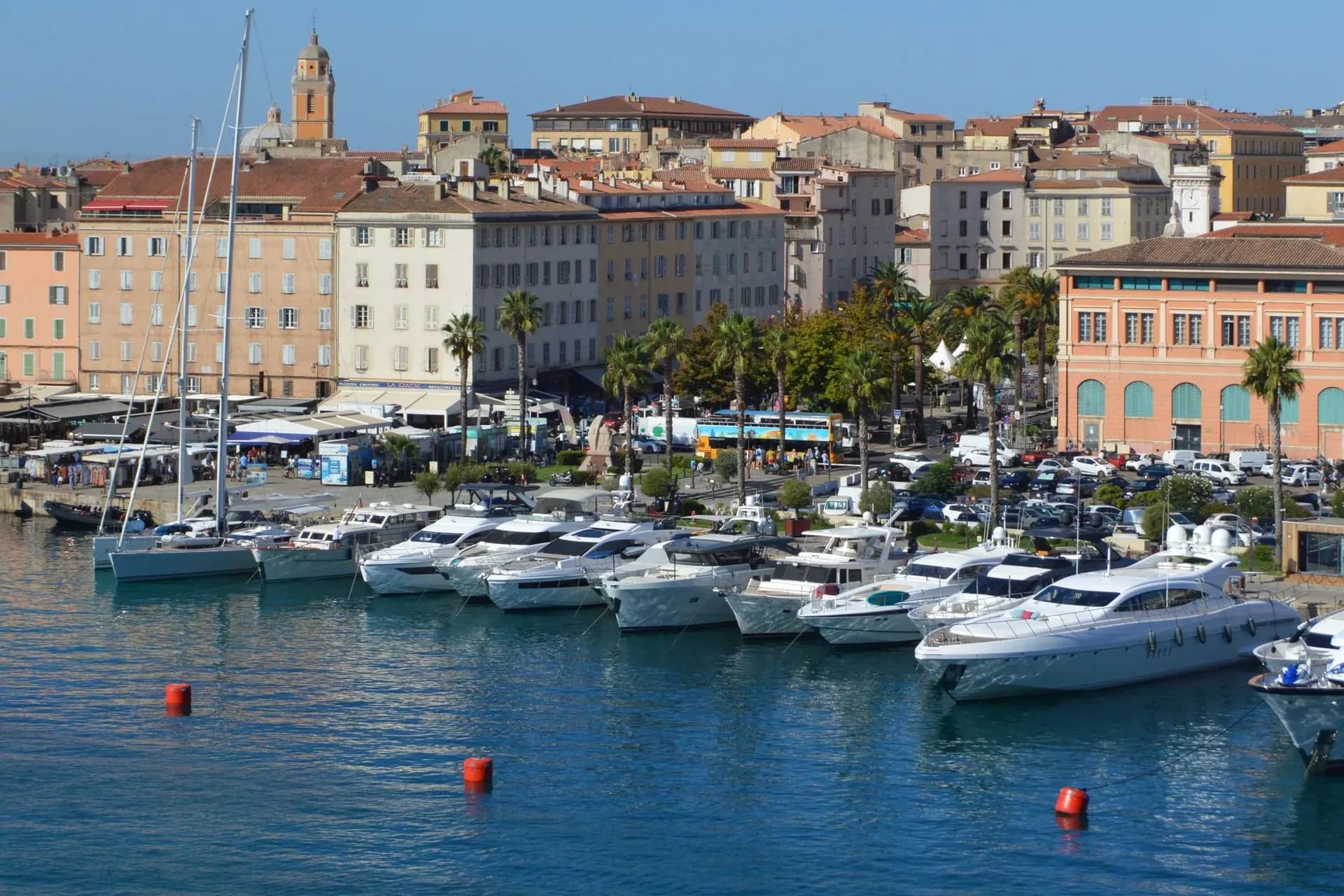 Boats and historic waterfront architecture in Ajaccio, Corsica