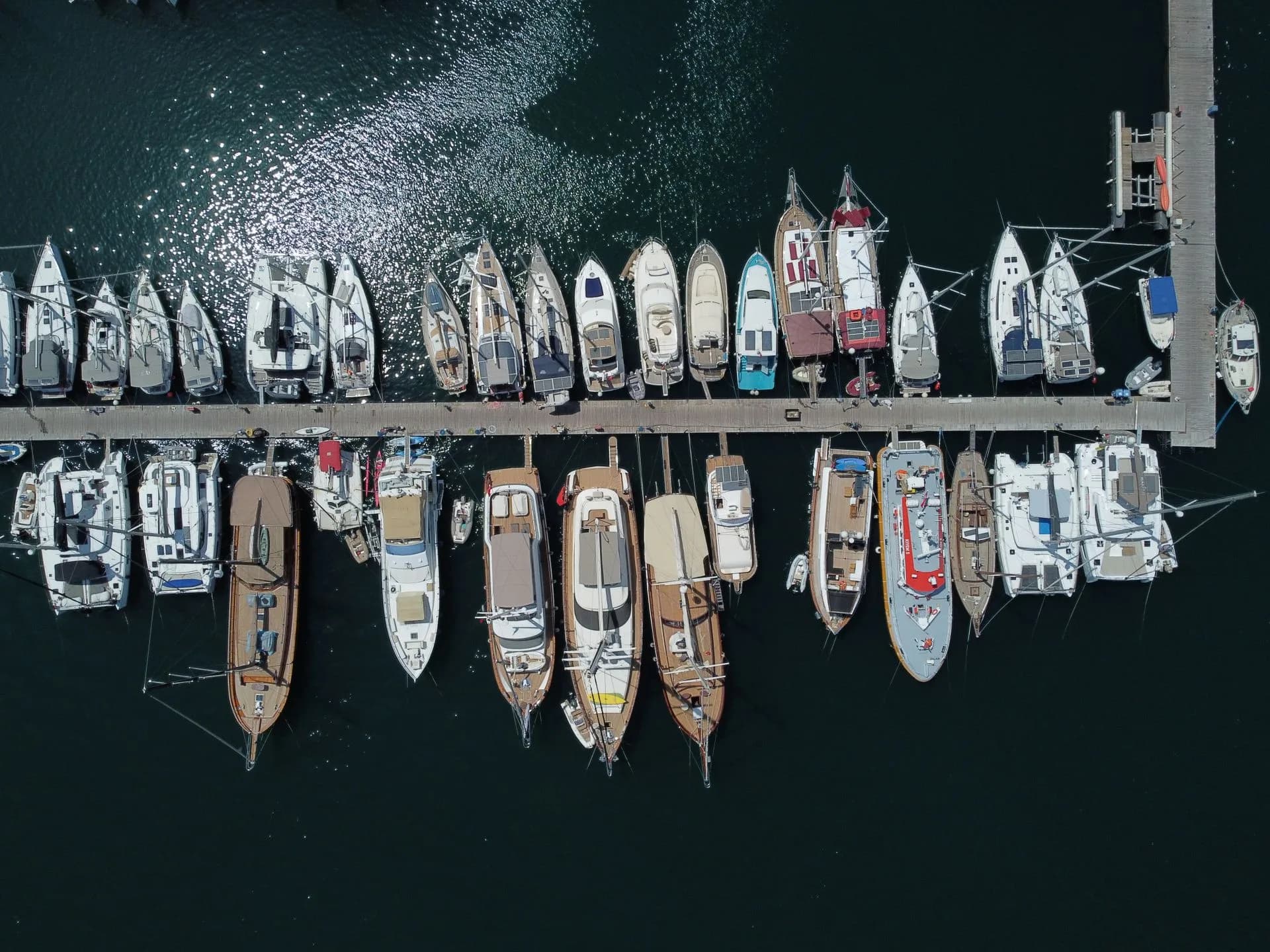 Aerial view of docked yachts and motorboats near Marmaris, Türkiye