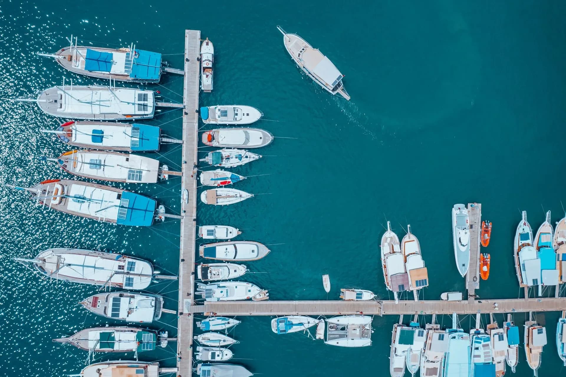 Aerial view of yachts and boats moored at Antalya harbor, Türkiye