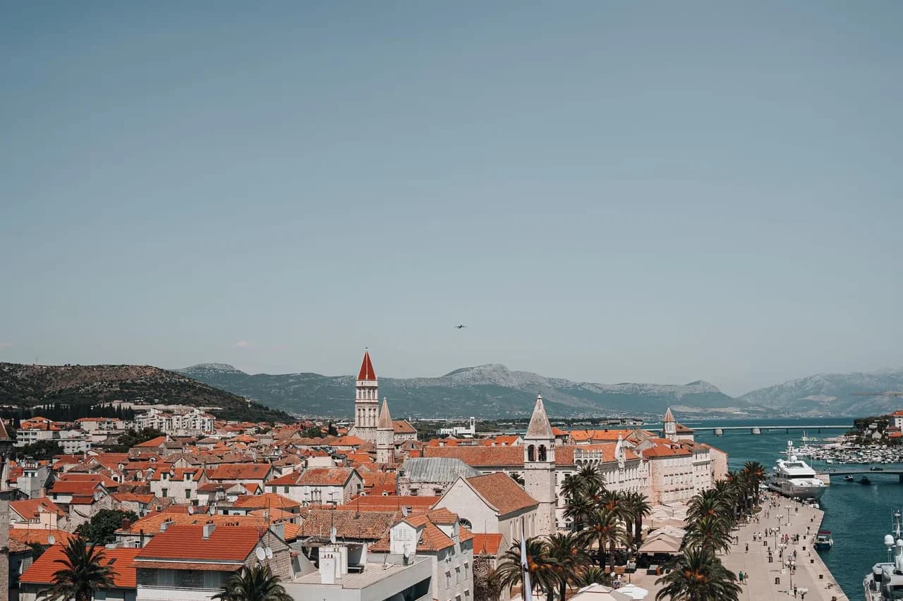 Historic town rooftops viewed from above in Trogir, Croatia