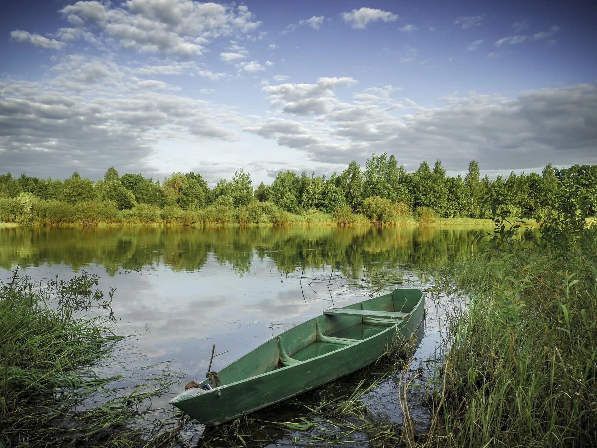 A green boat at a grassy riverbank.