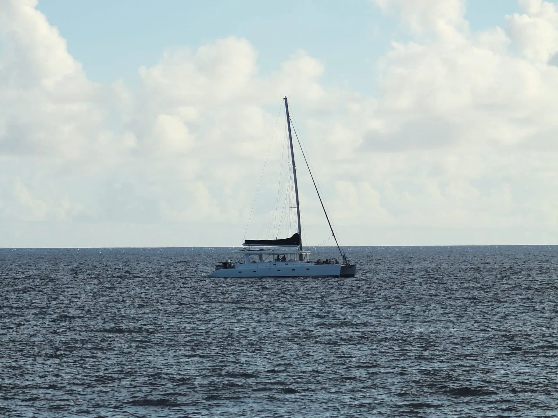 A catamaran on the sea beneath a blue sky.
