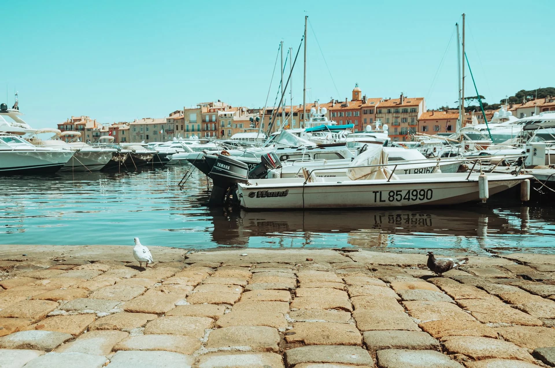 Boats docked at Saint-Tropez harbor under a clear sky, France