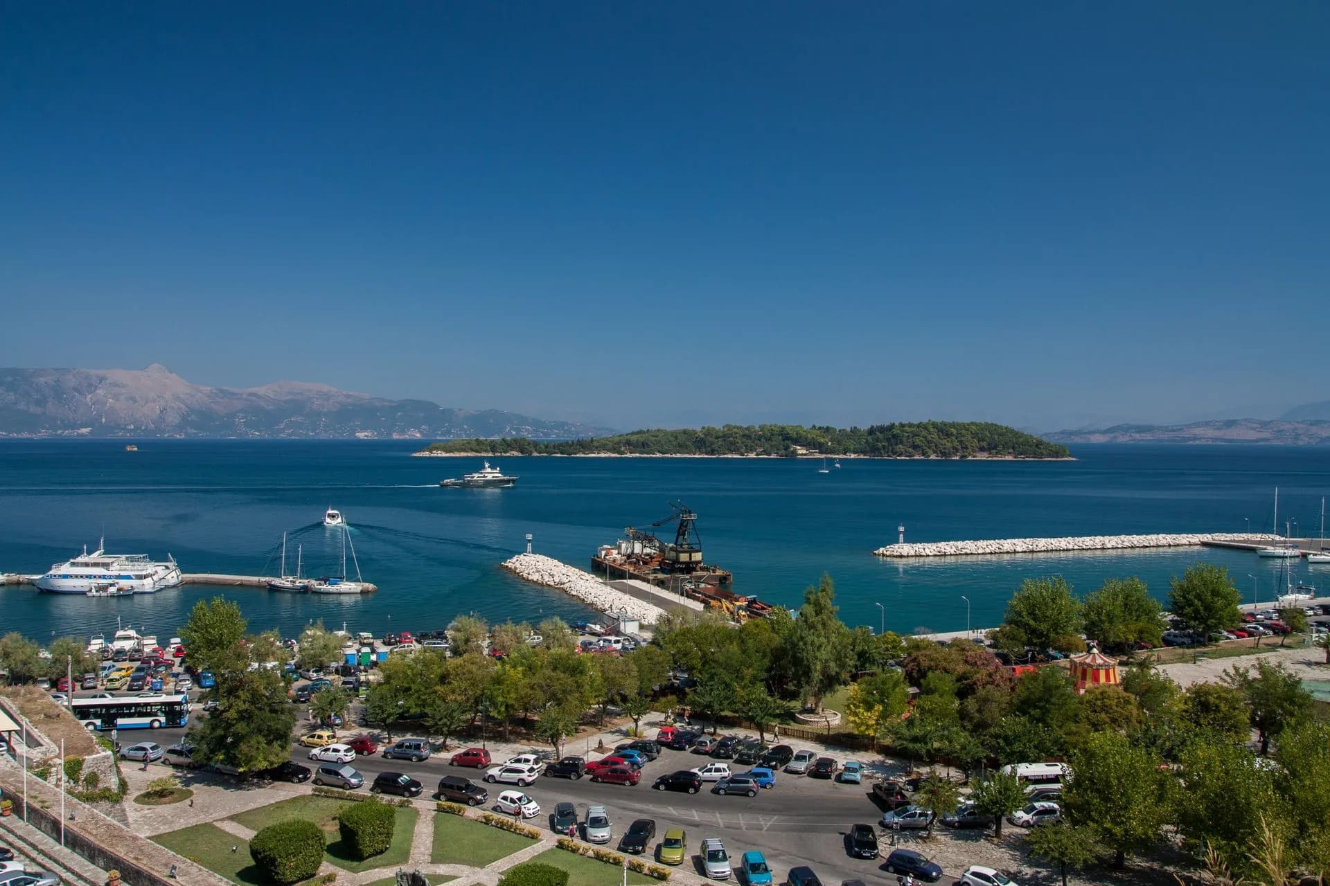 Elevated view of Corfu harbor and its blue water, Greece
