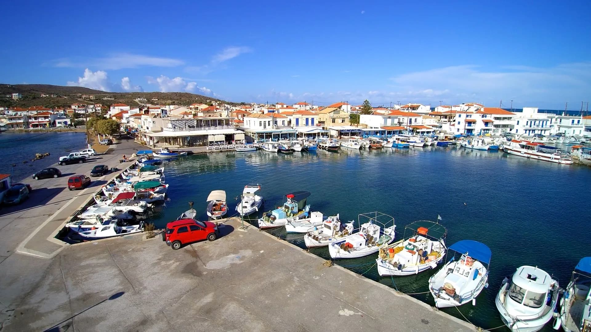 Aerial view of boats and the waterfront at Elafonisos, Greece