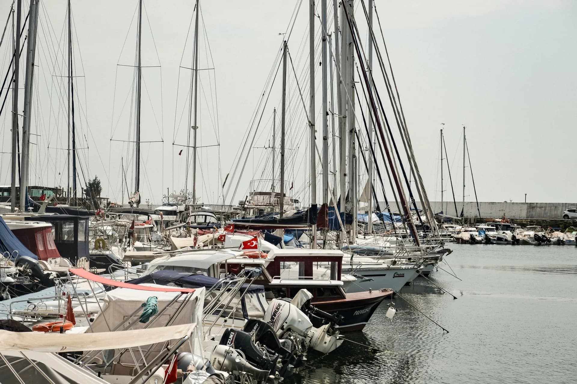 Sailboats and yachts moored at a marina in Istanbul, Türkiye