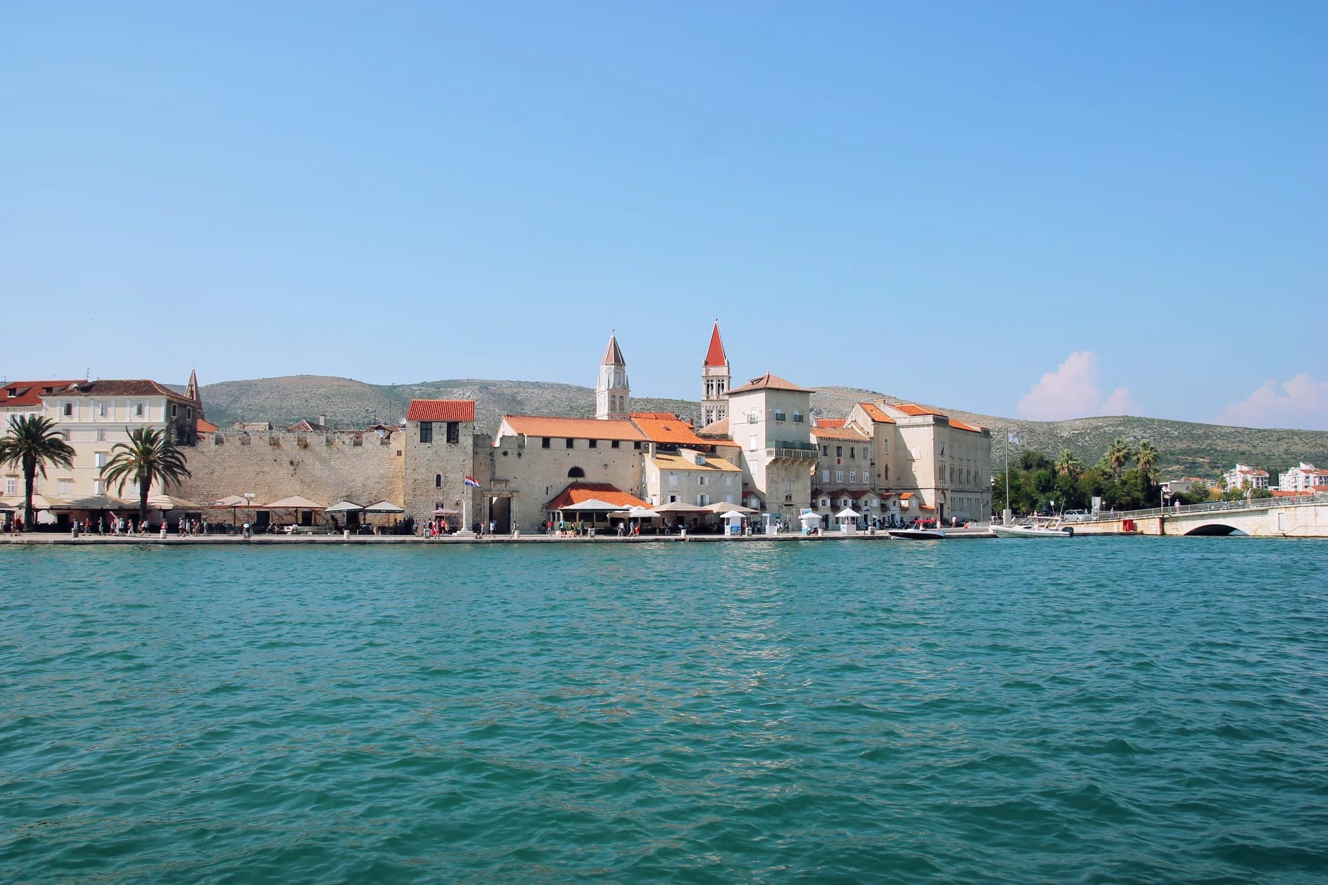 Historic waterfront of Trogir seen across the harbor channel, Croatia