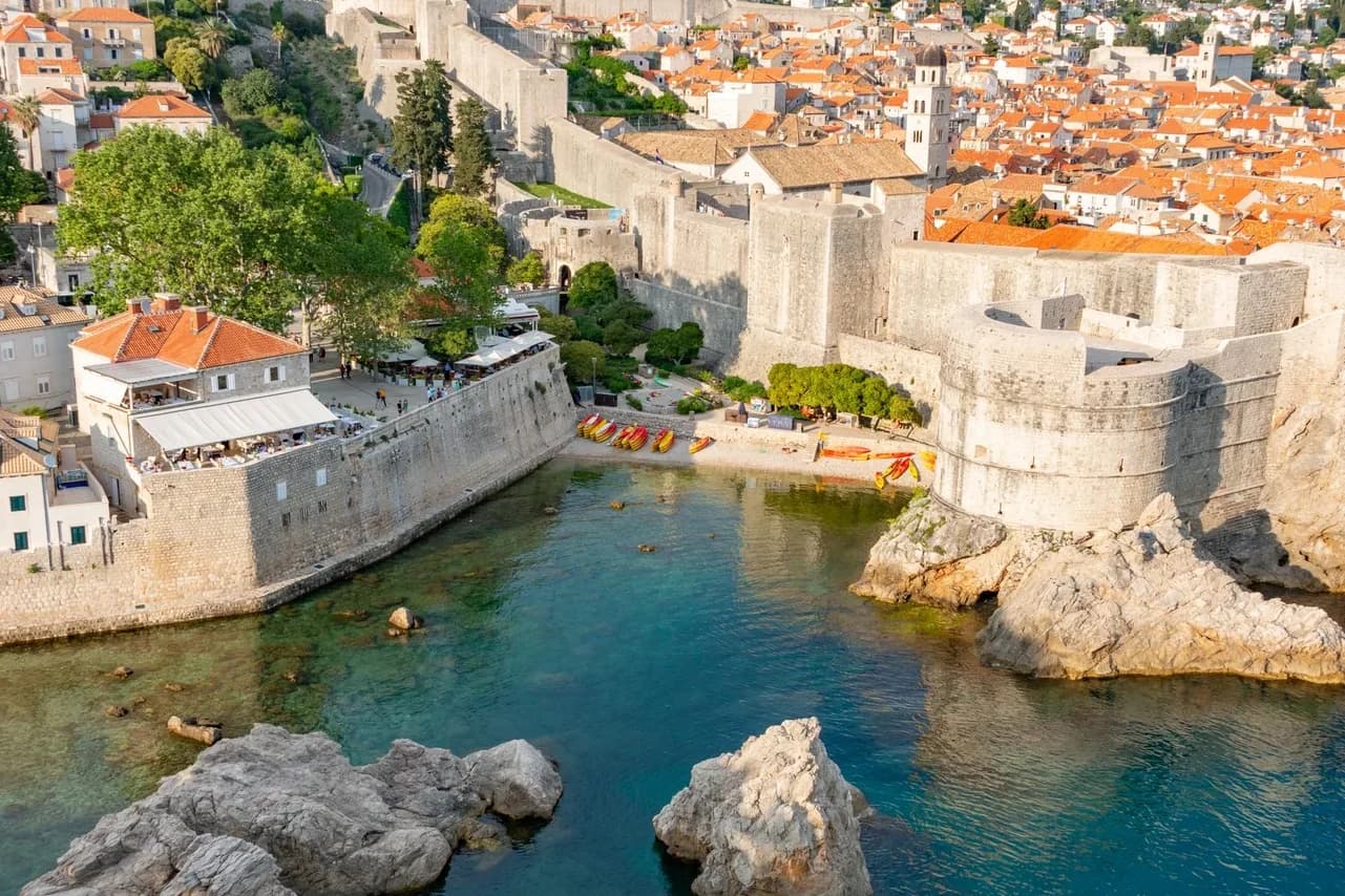 Elevated view of the harbor and city walls in Dubrovnik, Croatia